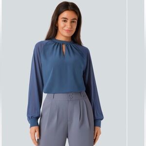 Stand Collar Keyhole Back Contrast Mesh Raglan
Sleeve Work Blouse